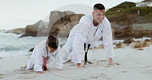 Beach, karate exercise or child learning martial arts fighting or taekwondo in fitness workout or push ups. Challenge