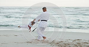 Beach, karate and a father swinging his daughter outdoor for a self defense workout together. Fitness, family or kids