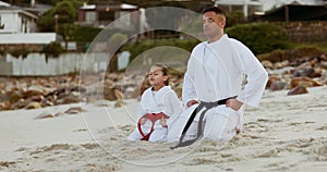 Beach, kid or man teaching karate, martial arts or energy for mindfulness in fitness coaching. Breathing, tai chi or