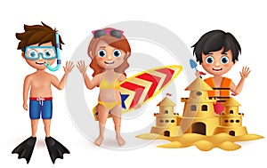 Beach kids vector characters set. Young boys and girl playing sand castle and doing beach activities