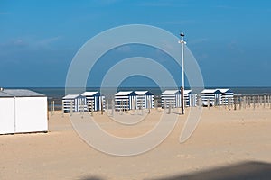 Beach in Koksijde, Belgium on the North Sea with beach huts