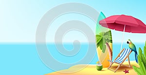 Beach landscape with 3d summer composition of palm trees and tropical leaves, beach chair and surfboard with coconut