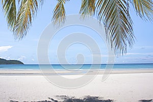 Beach landscape background for summer travel with sun,coconut tree on white sand beach with beautiful blue sea and sky, abstract b