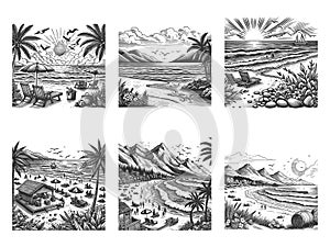 Beach Landscape engraving set vector collection