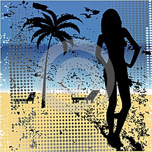 Beach landscape, grunge background with woman photo