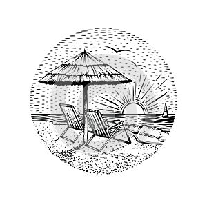 Beach landscape with parasol and two chairs. Round sea vacation emblem, card or design element.