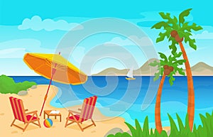 Beach landscape with umbrella. Tropical ocean rest, exotic panorama with palms, yacht and mountains. Seaside resting