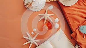 A beach landscape with water, a book, hat, starfish, seashells, and a drink AIG50