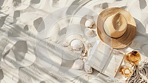 A beach landscape with water, a book, hat, starfish, seashells, and a drink AIG50