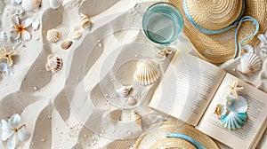 A beach landscape with water, a book, hat, starfish, seashells, and a drink AIG50