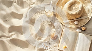 A beach landscape with water, a book, hat, starfish, seashells, and a drink AIG50