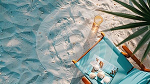 A beach landscape with water, a book, hat, starfish, seashells, and a drink AIG50