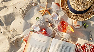 A beach landscape with water, a book, hat, starfish, seashells, and a drink AIG50