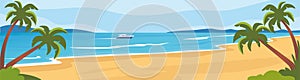 Beach lanscape with sea and palms, summer background. The seashore, mountains on the horizon, a boat sailing on the sea. Vector