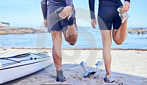 Beach legs, rowing and stretching people, partner or couple of friends for fitness, teamwork and start workout routine