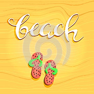 Beach letterin hand drawn and step-ins. Abstract decorative diagonal crumpled wavy striped textured background. Yellow