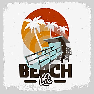 Beach Life Lifeguard Tower Station Beach Rescue Palm Trees Logo Sign Label Design For Promotion Ads t shirts Sticker