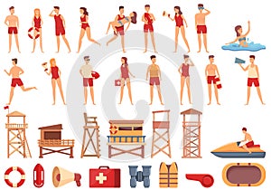Beach lifeguard icons set cartoon vector. Swim sea