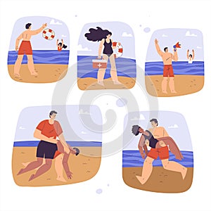 Beach Lifeguard Man and Woman Character Supervising and Rescue Vector Set