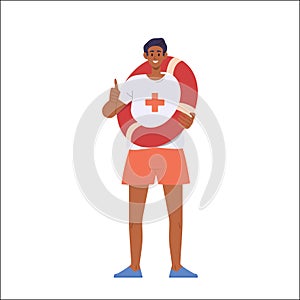 Beach lifeguards professional worker cartoon character wearing swimsuit holding ring lifesaver buoy