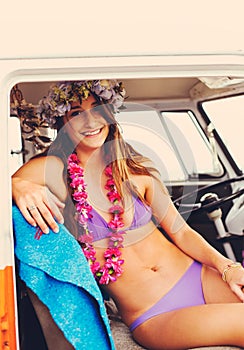 Beach Lifestyle Surfer Girl in Vintage Surf Van