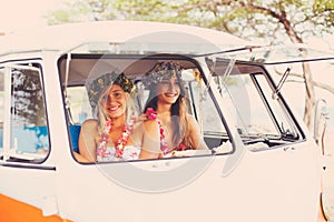 Beach Lifestyle Surfer Girls in Vintage Surf Van