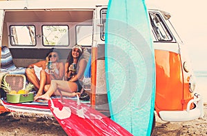 Beach Lifestyle Surfer Girls in Vintage Surf Van