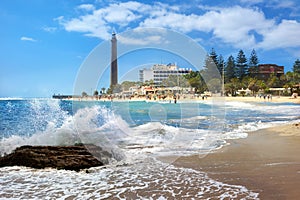 Beach and lighthouse of Maspalomas. Gran Canaria, Canary Islands photo