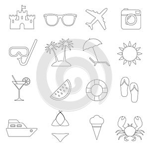 Beach line icons set. Summer holidays, travel and vacation symbols. Vector illustration