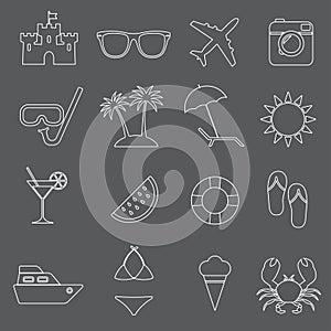 Beach line icons set. Summer holidays, travel and vacation symbols. Vector illustration.