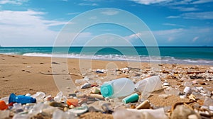 Beach littered with discarded plastic and garbage debris.AI Generated