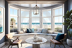 Beach living on Sea view interior with big windows. Neural network AI generated