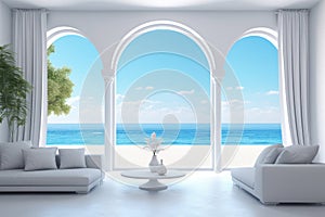 White modern minimalist style living room with opened window to the ocean. AI generated