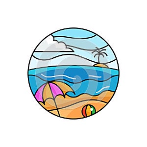 Beach logo badge. sunny weather beach holiday scene illustration with circle frame.