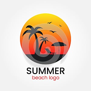 Beach logo design. Sunset and palm trees. Round logotype. Travel agency logo on white backdrop. Beach umbrella and sun