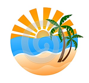 Beach logo icon with rising sun and palm tree