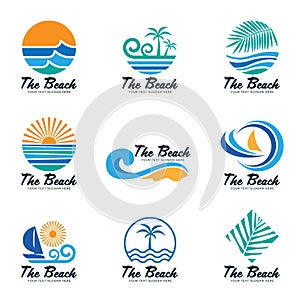 The beach logo with sea wave , coconut leaf , boat and sun vector set design