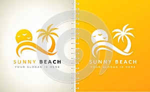 Beach logo vector. Palm tree, wave and sun Design vector