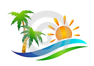 Beach logo water wave Hotel tourism holiday summer beach coconut palm tree vector logo design Coast icon on white background photo