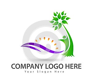 Beach logo water wave with people icon Hotel tourism holiday summer beach coconut palm tree vector logo