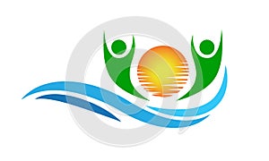 Beach logo water wave with people icon Hotel tourism holiday summer beach logo