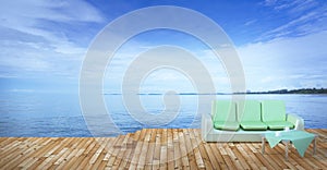 Beach lounge and balconies with sofa and seascape in summer seas