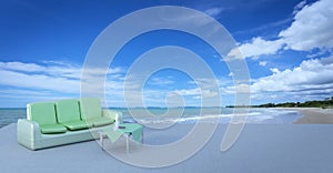 Beach lounge and balconies with sofa and seascape in summer seas