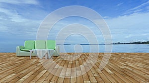 Beach lounge and balconies with sofa and seascape in summer seas