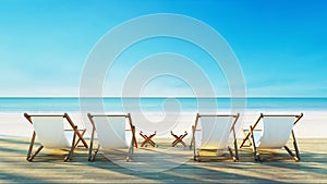 Beach lounge chair on white beach sunset sea view -   3D rendering