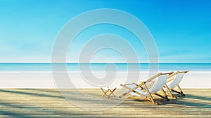 Beach lounge chair on white beach sunset sea view -   3D rendering