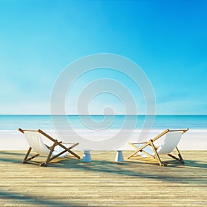 Beach lounge chair on white beach sunset sea view -   3D rendering