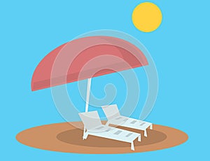 Beach lounge chairs and umbrella