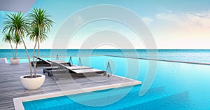 Beach lounge ,sun loungers on Sunbathing deck and private swimming pool with panoramic sea view at luxury villa/3d rendering