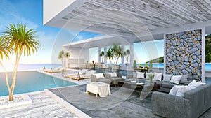 Beach lounge ,sun loungers on Sunbathing deck and private swimming pool with panoramic sea view at luxury villa/3d rendering